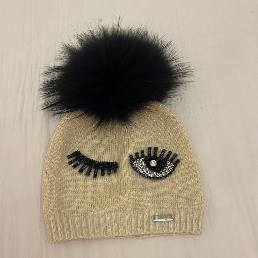 Kids' Cream and Black Pom-Pom Beanie